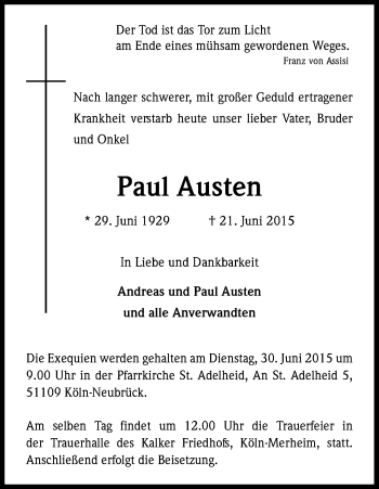 Anzeige von Paul Austen von Kölner Stadt-Anzeiger / Kölnische Rundschau / Express