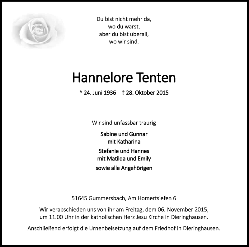  Traueranzeige für Hannelore Tenten vom 03.11.2015 aus Kölner Stadt-Anzeiger / Kölnische Rundschau / Express