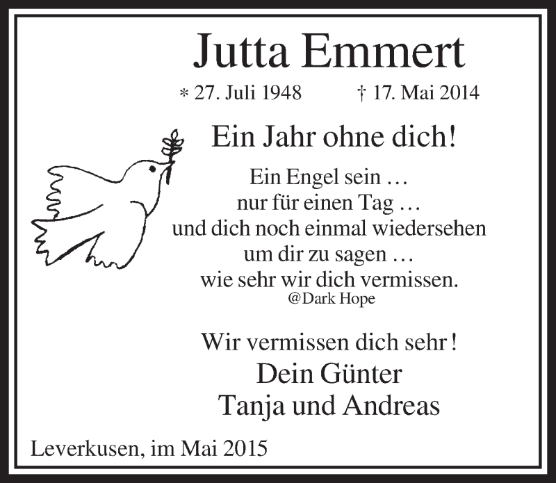  Traueranzeige für Jutta Emmert vom 20.05.2015 aus  Lokale Informationen 