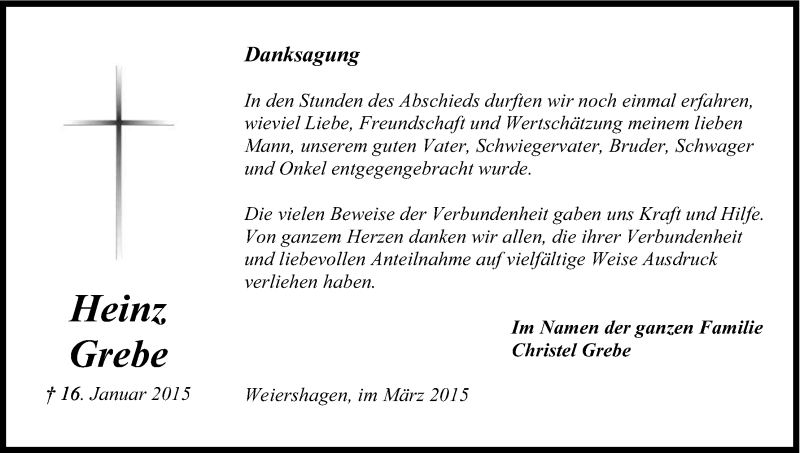  Traueranzeige für Heinz Grebe vom 21.03.2015 aus Kölner Stadt-Anzeiger / Kölnische Rundschau / Express