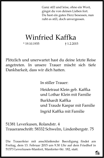 Anzeige von Winfried Kaffka von Kölner Stadt-Anzeiger / Kölnische Rundschau / Express