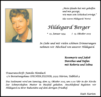 Anzeige von Hildegard Berger von Kölner Stadt-Anzeiger / Kölnische Rundschau / Express