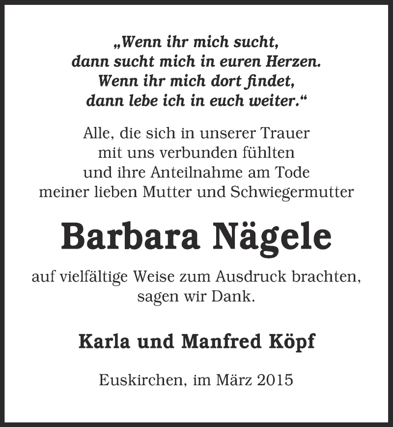  Traueranzeige für Barbara Nägele vom 22.03.2015 aus  Blickpunkt Euskirchen 
