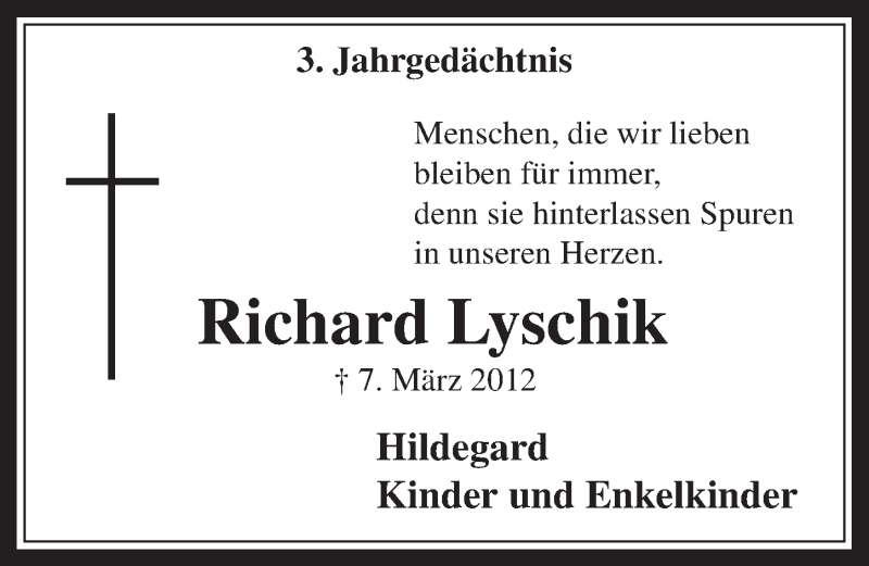  Traueranzeige für Richard Lyschik vom 07.03.2015 aus  Sonntags-Post 