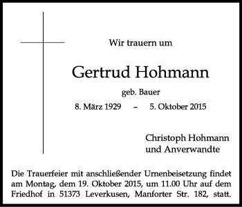 Anzeige von Gertrud Hohmann von Kölner Stadt-Anzeiger / Kölnische Rundschau / Express
