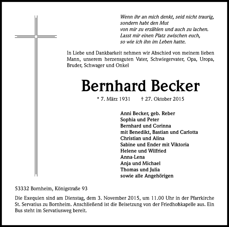  Traueranzeige für Bernhard Becker vom 31.10.2015 aus Kölner Stadt-Anzeiger / Kölnische Rundschau / Express