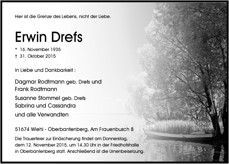  Traueranzeige für Erwin Drefs vom 11.11.2015 aus  Anzeigen Echo 