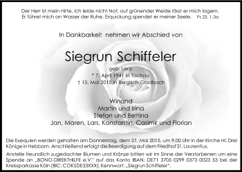 Anzeige von Siegrun Schiffeler von Kölner Stadt-Anzeiger / Kölnische Rundschau / Express