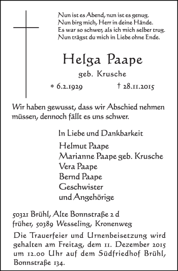 Anzeige von Hetga Paape von  Schlossbote/Werbekurier 