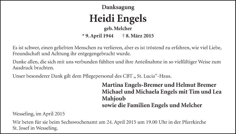  Traueranzeige für Heidi Engels vom 22.04.2015 aus  Kölner Wochenspiegel  Schlossbote/Werbekurier 