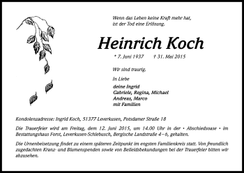 Anzeige von Heinrich Koch von Kölner Stadt-Anzeiger / Kölnische Rundschau / Express