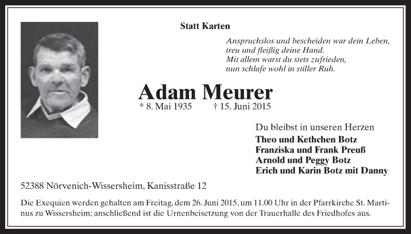  Traueranzeige für Adam Meurer vom 24.06.2015 aus  Werbepost 