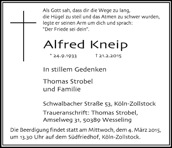 Anzeige von Alfred Kneip von Kölner Stadt-Anzeiger / Kölnische Rundschau / Express