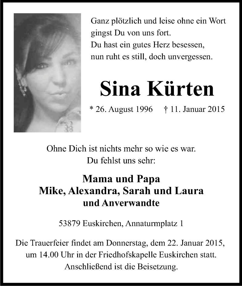  Traueranzeige für Sina Kürten vom 19.01.2015 aus Kölner Stadt-Anzeiger / Kölnische Rundschau / Express