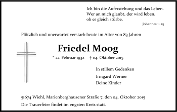 Anzeige von Friedel Moog von Kölner Stadt-Anzeiger / Kölnische Rundschau / Express