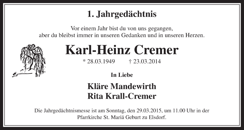  Traueranzeige für Karl-Heinz Cremer vom 18.03.2015 aus  Werbepost 