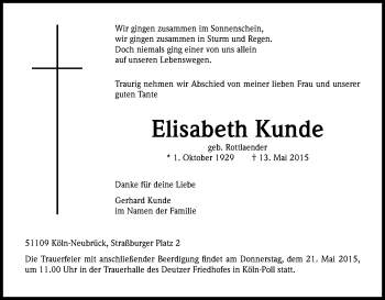 Anzeige von Elisabeth Kunde von Kölner Stadt-Anzeiger / Kölnische Rundschau / Express