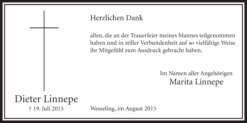  Traueranzeige für Dieter Linnepe vom 19.08.2015 aus  Schlossbote/Werbekurier 