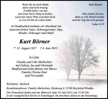 Anzeige von Kurt Börner von Kölner Stadt-Anzeiger / Kölnische Rundschau / Express