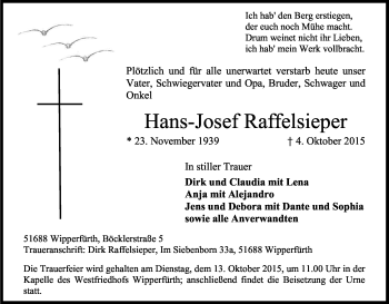 Anzeige von Hans-Josef Raffelsieper von Kölner Stadt-Anzeiger / Kölnische Rundschau / Express