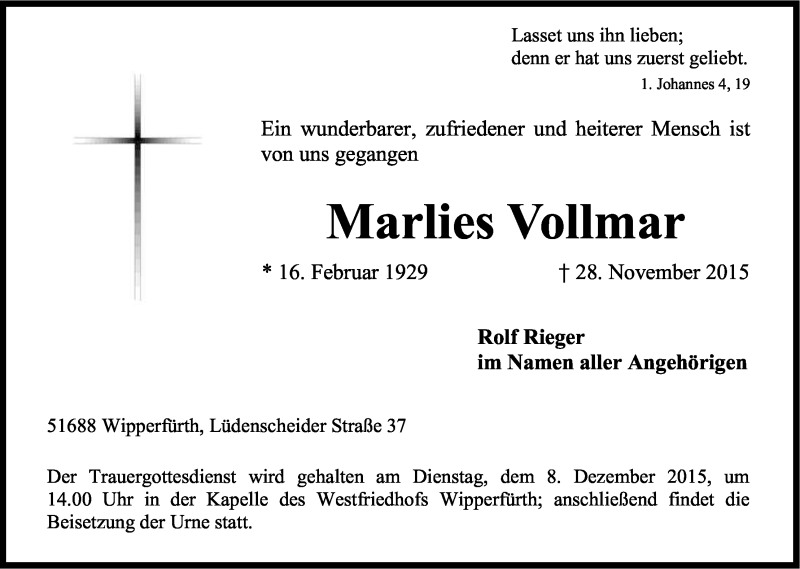  Traueranzeige für Marlies Vollmar vom 02.12.2015 aus Kölner Stadt-Anzeiger / Kölnische Rundschau / Express
