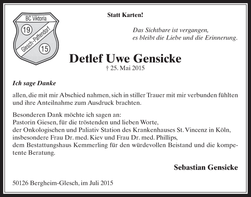  Traueranzeige für Detlef Uwe Gensicke vom 15.07.2015 aus  Werbepost 