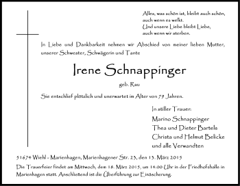 Anzeige von Irene Schnappinger von Kölner Stadt-Anzeiger / Kölnische Rundschau / Express