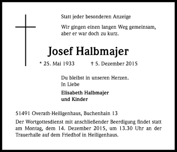 Anzeige von Josef Halbmajer von Kölner Stadt-Anzeiger / Kölnische Rundschau / Express