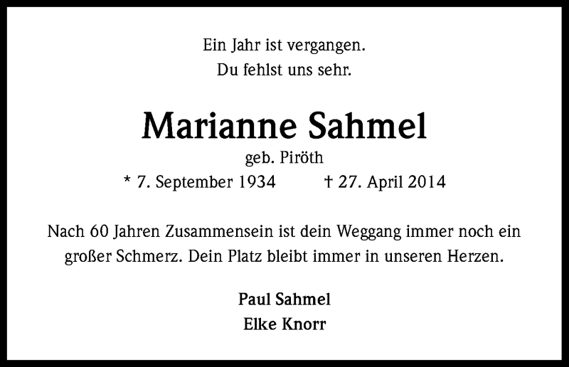  Traueranzeige für Marianne Sahmel vom 27.04.2015 aus Kölner Stadt-Anzeiger / Kölnische Rundschau / Express