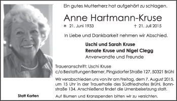 Anzeige von Anne Hartmann-Kruse von  Schlossbote/Werbekurier 