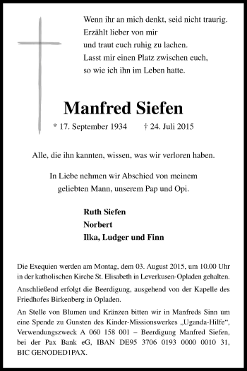 Anzeige von Manfred Siefen von Kölner Stadt-Anzeiger / Kölnische Rundschau / Express