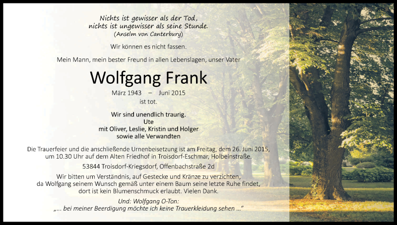  Traueranzeige für Wolfgang Frank vom 20.06.2015 aus Kölner Stadt-Anzeiger / Kölnische Rundschau / Express