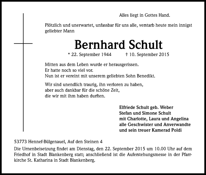  Traueranzeige für Bernhard Schult vom 16.09.2015 aus Kölner Stadt-Anzeiger / Kölnische Rundschau / Express