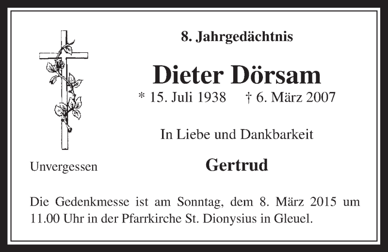  Traueranzeige für Dieter Dörsam vom 04.03.2015 aus  Wochenende 