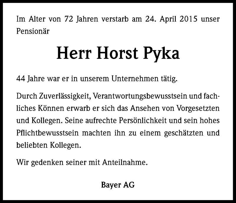  Traueranzeige für Horst Pyka vom 02.05.2015 aus Kölner Stadt-Anzeiger / Kölnische Rundschau / Express