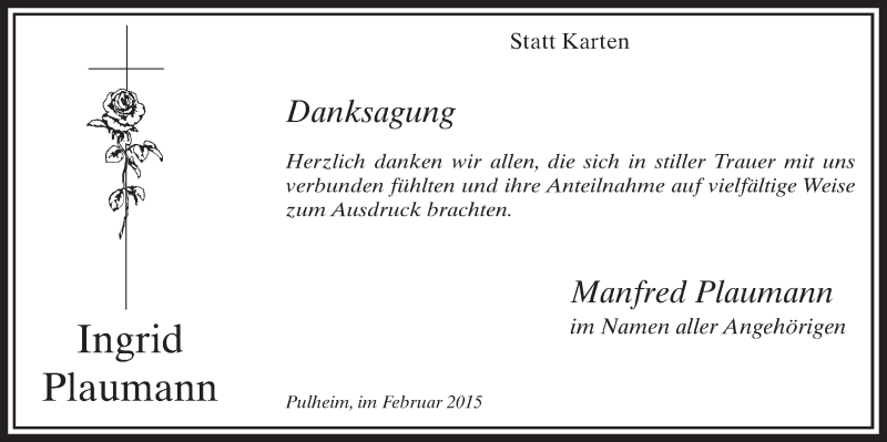  Traueranzeige für Ingrid Plaumann vom 07.02.2015 aus  Sonntags-Post 
