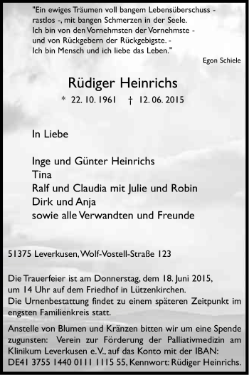Anzeige von Rüdiger Heinrichs von Kölner Stadt-Anzeiger / Kölnische Rundschau / Express