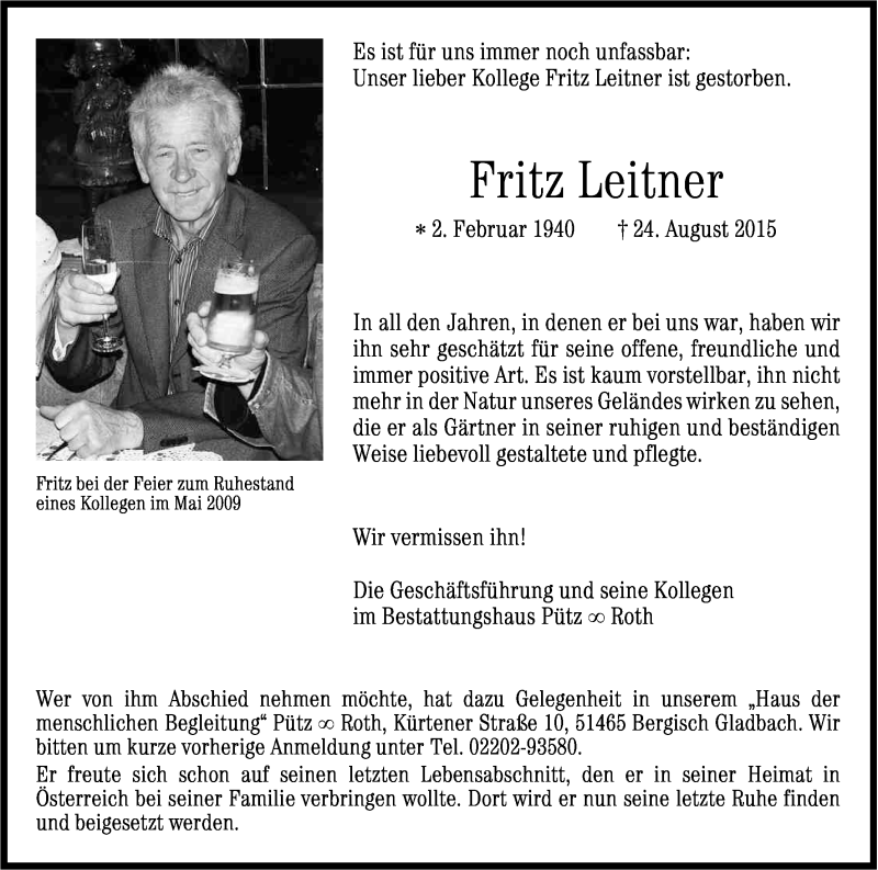  Traueranzeige für Fritz Leitner vom 29.08.2015 aus Kölner Stadt-Anzeiger / Kölnische Rundschau / Express