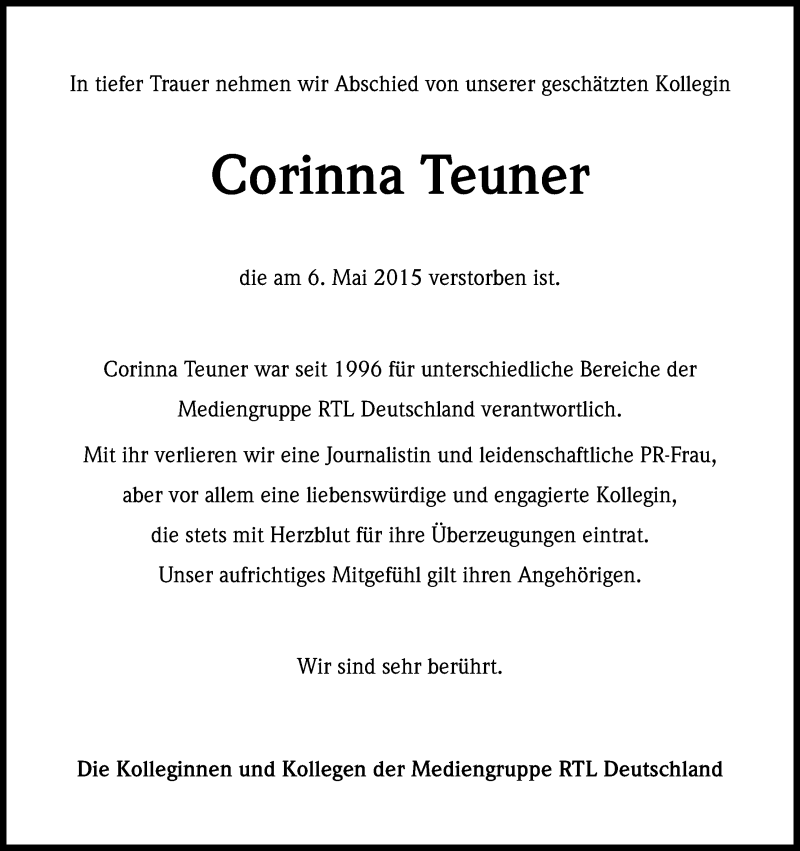  Traueranzeige für Corinna Teuner vom 09.05.2015 aus Kölner Stadt-Anzeiger / Kölnische Rundschau / Express