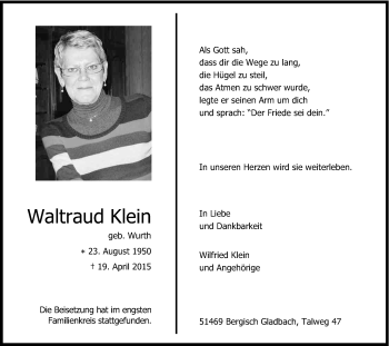 Anzeige von Waltraud Klein von Kölner Stadt-Anzeiger / Kölnische Rundschau / Express