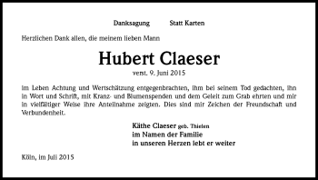 Anzeige von Hubert Claeser von Kölner Stadt-Anzeiger / Kölnische Rundschau / Express