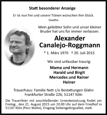 Anzeige von Alexander Canalejo-Roggmann von Kölner Stadt-Anzeiger / Kölnische Rundschau / Express