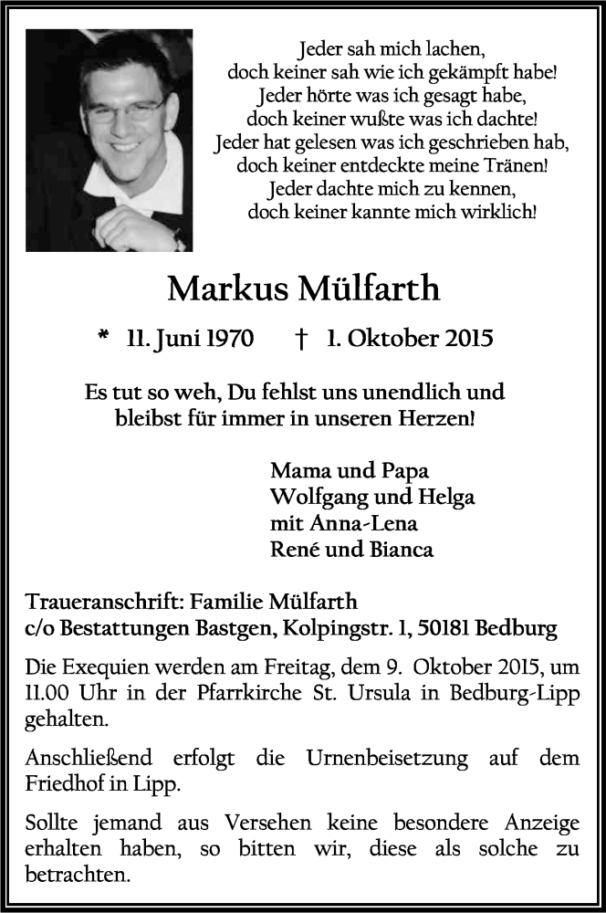  Traueranzeige für Markus Mülfarth vom 06.10.2015 aus Kölner Stadt-Anzeiger / Kölnische Rundschau / Express