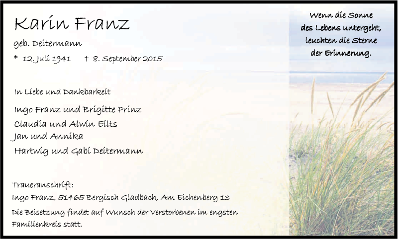  Traueranzeige für Karin Franz vom 12.09.2015 aus Kölner Stadt-Anzeiger / Kölnische Rundschau / Express