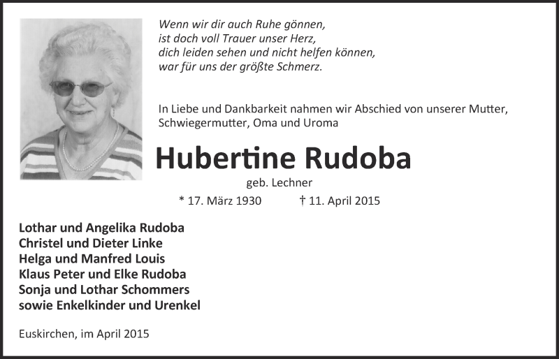  Traueranzeige für Hubertine Rudoba vom 26.04.2015 aus  Blickpunkt Euskirchen 