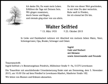 Anzeige von Walter Seifried von Kölner Stadt-Anzeiger / Kölnische Rundschau / Express