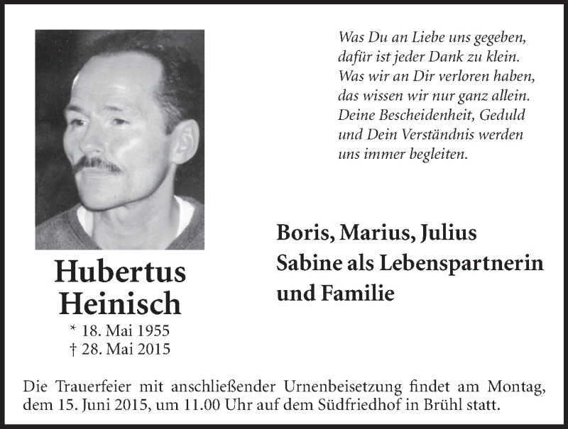  Traueranzeige für Hubertus Heinisch vom 03.06.2015 aus  Schlossbote/Werbekurier 