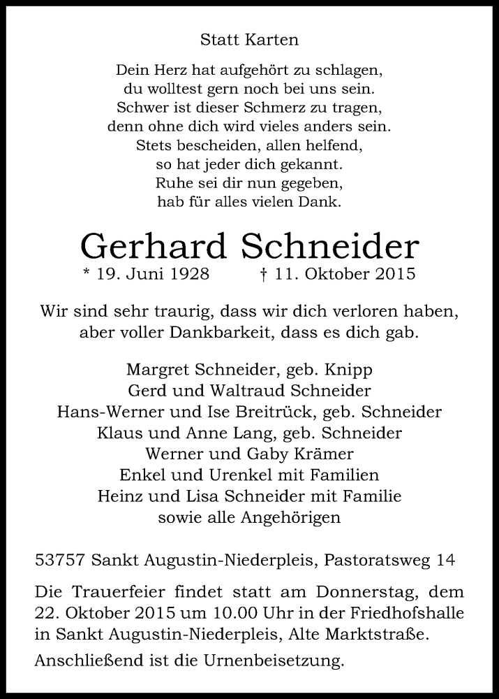  Traueranzeige für Gerhard Schneider vom 17.10.2015 aus Kölner Stadt-Anzeiger / Kölnische Rundschau / Express