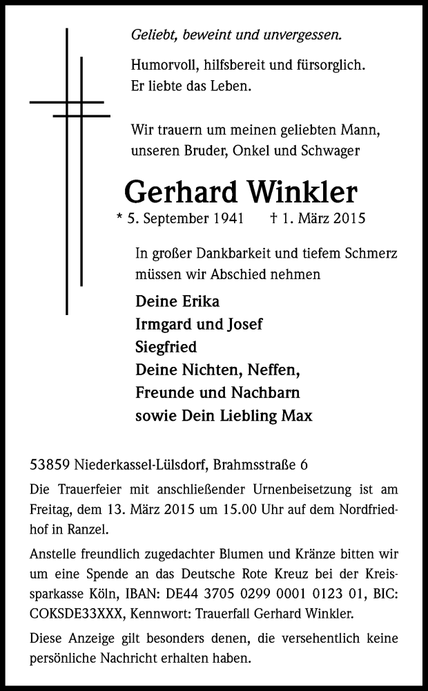  Traueranzeige für Gerhard Winkler vom 06.03.2015 aus Kölner Stadt-Anzeiger / Kölnische Rundschau / Express