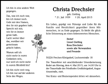 Anzeige von Christa Drechsler von Kölner Stadt-Anzeiger / Kölnische Rundschau / Express